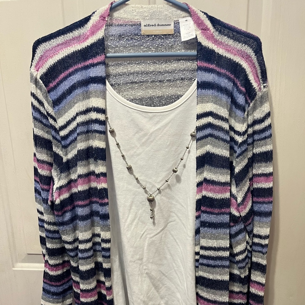 Alfred Dunner Navy, White & Pink Striped Open Cardigan